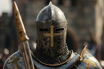 Portrait of a medieval knight wearing a helmet with a golden cross, holding a spear, ready for battle