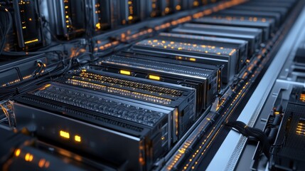 Powerful server units are processing and transmitting data with flashing lights in a futuristic data center, showcasing advanced technology and connectivity
