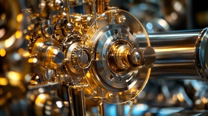 Intricate clockwork mechanism with gold and steel gears spinning and interlocking, showcasing precision engineering and the beauty of complex machinery