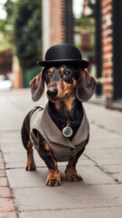 A Stylish Dapper Dachshund in Bowler Hat Tweed Vest, Dog Fashion, Street Style