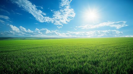Obraz premium Scenic Aerial View of Vast Green Field with Lush Grass Under Bright Blue Sky and Soft Clouds on a Sunny Spring Day
