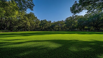 Fototapeta premium Green grass field in a public park with trees and a clear blue sky, ideal for outdoor activities and relaxation in nature