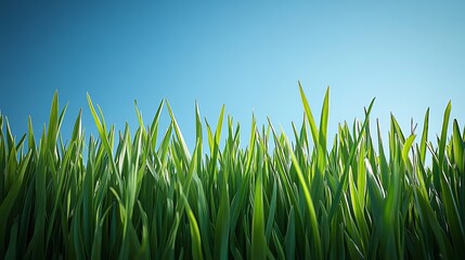 Obraz premium Vibrant Green Grass and Bright Blue Sky in Serene Spring Landscape, Clear Daylight Over Meadow with Fresh Plants and Foliage, Close-up View
