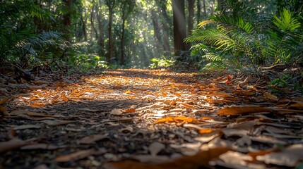 Sunlit path through autumnal forest.