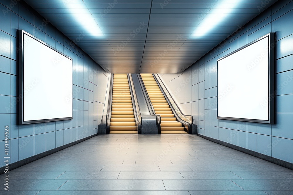 Poster Modern Underground Subway Station with Empty Display Frames and Staircase