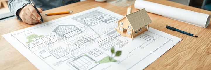 Architect reviewing blueprints of sustainable model house on table in modern office, blueprint, table