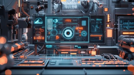 Obraz premium Futuristic control room with a monitoring system displaying charts, data analysis, and key performance indicators on a transparent digital screen, surrounded by advanced technology and equipment