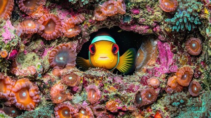 A colorful clownfish peeking from a vibrant coral reef filled with anemones.