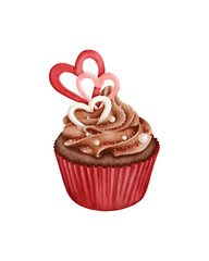 watercolor illustration of a delicious chocolate cupcake in a red wrapper, topped with chocolate frosting, sprinkles, and heart-shaped decorations in red, pink, and white. perfect for Valentine’s Day