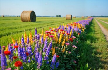 Colorful wildflowers planted along farm field borders in Jutland, Denmark. Vibrant blooms create attractive margins supporting pollinators, wildlife. Hay bales visible in field, showing sustainable