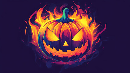 Spooky halloween icon jack o lantern sinister pumpkin head engulfed in fiery inferno illuminated flaming visage trick or treat autumn celebration. Flamelit. Illustration