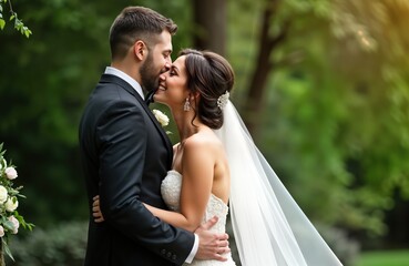 Groom kisses bride tenderly outdoors. Romantic couple embraces after wedding ceremony. Rich green garden setting. Wedding celebration in summer. Beautiful bride in white wedding dress. Groom in black
