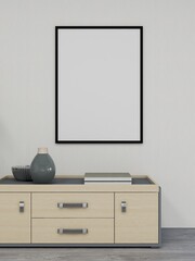 Blank vertical frame mockup on a wall and sideboard decoration. 3D rendering, interior design, 3D illustration
