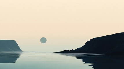 Naklejka premium Minimalist Calm Ocean Landscape with Dark Mountains and Single Sphere Sun