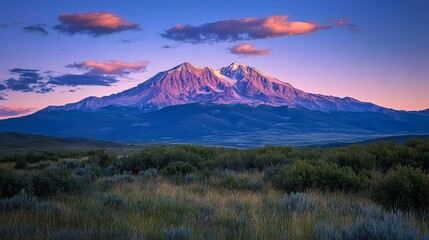Majestic mountain landscape at sunset with vibrant sky colors and dramatic cloud formations, serene and tranquil wilderness view at golden hour