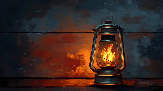 Vintage oil lantern with a glowing flame, set against a rustic background. Flamelit. Illustration