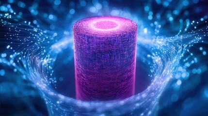 Quantum computing is creating an innovative cylinder with data flowing around it, symbolizing the power and potential of this cutting edge technology
