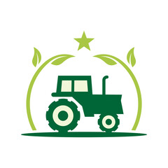 Green tractor icon with leaves and star, symbolizing agriculture and farming.  Simple, bold design.
