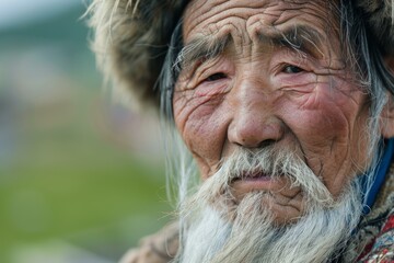 Close up of elderly mongolian man showcasing traditional attire and wisdom
