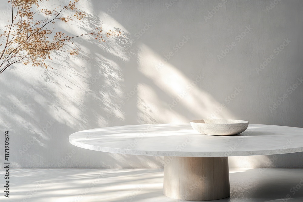 Aufkleber minimalist round marble table design with natural light shadows on grey wall for product display