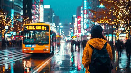 Obraz premium Tourist walking in Sapporo rainy night with christmas lights and bus passing by