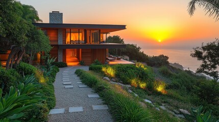 coastal home at sunset minimalist architecture wooden building with path and greenery