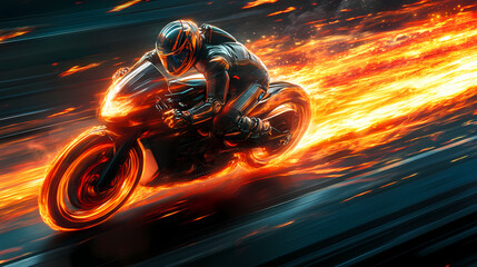 Futuristic racer in flame-lit suit, speed through fiery trails with dynamic motion, capturing the essence of high-octane adrenaline. Flamelit. Illustration