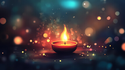 Glowing candle surrounded by warm bokeh lights in the background. Flamelit. Illustration