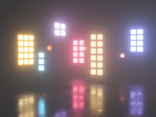 Glowing Neon Grids Reflecting In Foggy Room