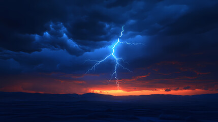Lightning etches the sky in a twilight turmoil over a forsaken, flame-lit landscape. 3d rendering colored lightning strike. Flamelit. Illustration