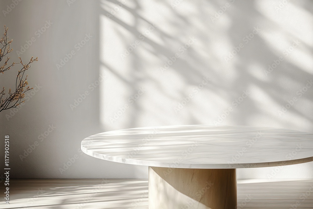 Poster minimalist round white marble table in soft natural light with abstract shadow on white wall for pro