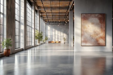 Minimalist modern art gallery with high ceilings large windows bright light clean design empty space