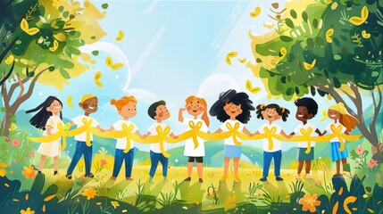A joyful group of children stands in a sunny park, holding hands and wearing gold ribbons to raise awareness for childhood cancer
