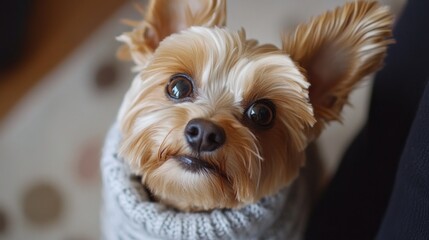 A cute dog wearing a sweater, looking curiously at the camera.