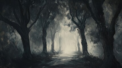 Fototapeta premium A dark, atmospheric forest path leading to a bright light.