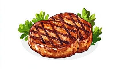 Grilled Steak with Fresh Greens on a White Background