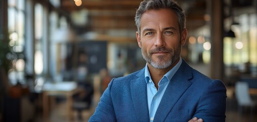 Fototapeta premium Confident Latin Hispanic Senior Businessman in Blue Suit Smiling with Arms Crossed in Modern Office