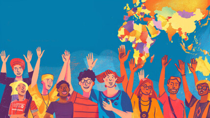 A vibrant gathering of individuals with hands raised, symbolizing unity and active participation in democracy on September 15
