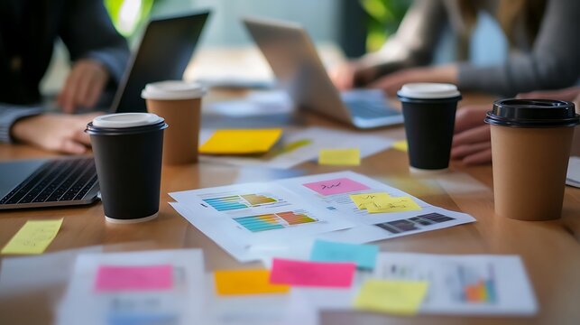 A group of colleagues discussing their goals at a meeting table, each with a cup of coffee, a laptop open, and papers scattered with ideas and plans 