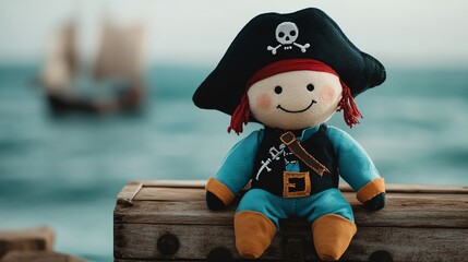 Colorful pirate doll on a wooden crate by the sea.