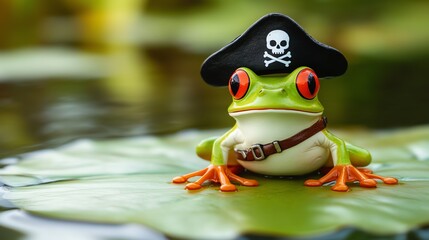Obraz premium A playful frog dressed as a pirate on a lily pad.