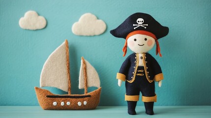 Colorful pirate doll with ship and clouds decor