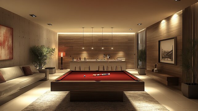 Luxury game room with pool table, bar, and seating.