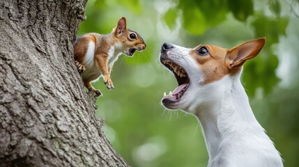 A dog and a squirrel interact in a playful, nature-filled setting.