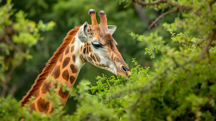 Obraz premium Majestic Giraffe Grazing in the Lush African Savanna Under a Clear Blue Sky