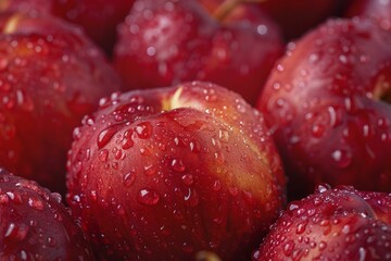 Close up of ripe red apples glistening with water droplets, showcasing their freshness and vibrant color