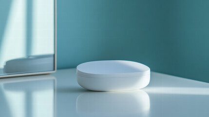 minimalist contact lens case on desk, showcasing sleek design and modern aesthetic. soft lighting enhances clean lines and simplicity of object