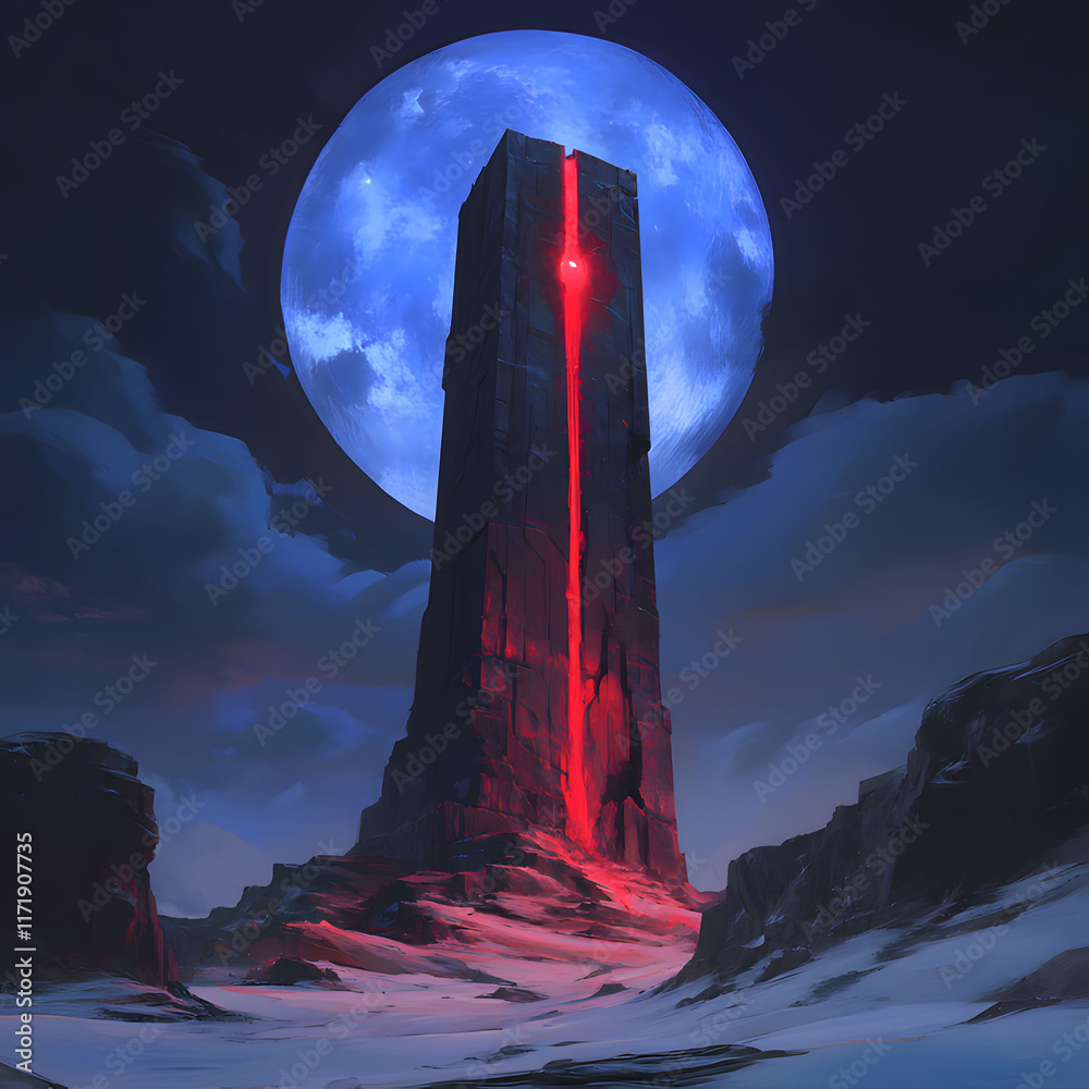 Wall mural a castle with a red cross on it and a moon in the background. generative ai