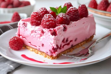 Creamy raspberry no bake cheesecake resting on a graham cracker crust, decorated with fresh raspberries, mint, and powdered sugar