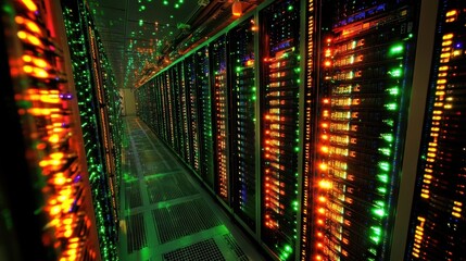 Colorful server room lights are blinking on cabinets inside a data center, creating a futuristic technological atmosphere with depth of field